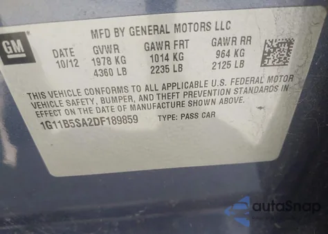 2013 Chevrolet Malibu 1Ls из США, поврежденный, VIN 1G11B5SA2DF189859